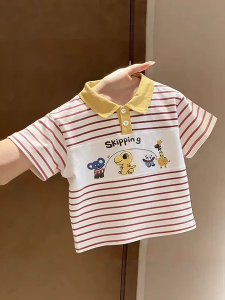 2026 Summer New Pure Cotton Korean Style Striped Polo Shirt T-Shirt for Boys and Girls with Cute Cartoon Patchwork and Turn-Down Collar