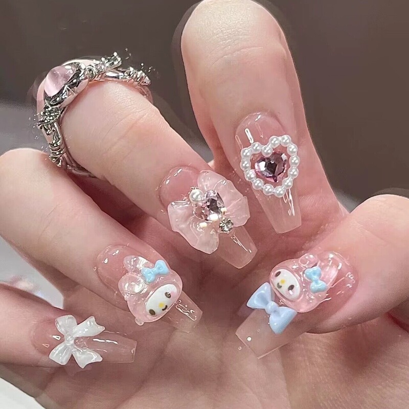子供用ウェアラブルネイル、超かわいいアップルキティホワイトニングマニキュア、取り外し可能なショートネイル、手描きの甘い女の子イン|undefined