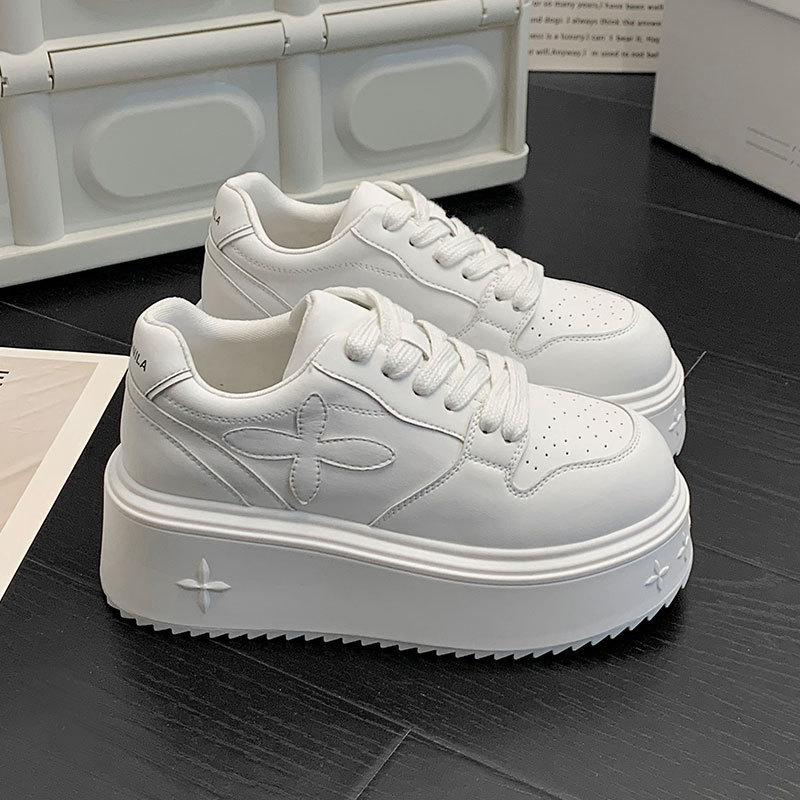 Thick-Soled Women's Shoes, Round-Toe White Sneakers for Women, 2025 Spring and Autumn Season, Height-Increasing High-Heeled Lace-Up Sneakers, Comfortable and Not Tiring on the Feet