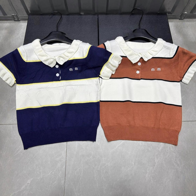 Early Autumn 2025 New Nn Home Letter Bud Striped Contrast Knitted Short-Sleeved Pullover Loose and Versatile Women's Top