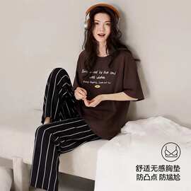 纯棉睡衣女简约纯棉夏季带胸垫高级感短袖长裤涵家居服夏天