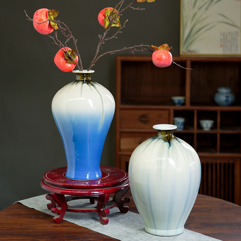 景德镇窑变陶瓷花瓶蓝色颜色釉小瓶口家居高级感摆件装饰瓷美人瓶