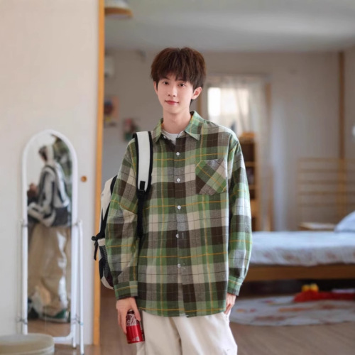 Japanese khaki plaid shirt, outerwear couple's Hong Kong-style chic loose casual couple's collared shirt