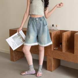 女童牛仔短裤夏季2026新款中大童薄款花边裤中大童百搭宽松休闲裤
