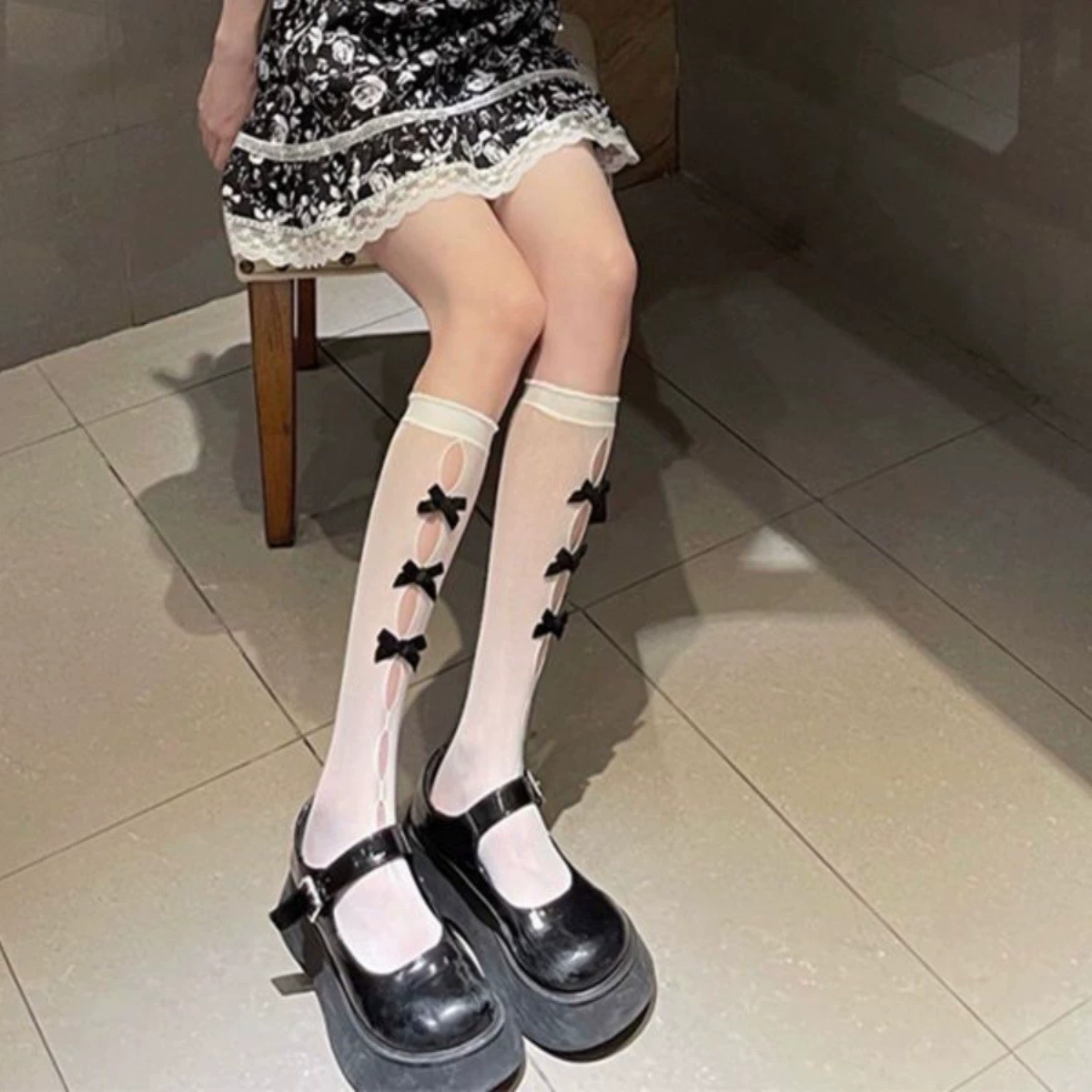 Японские тонкие носки с бантом, лолита-стиль, средней длины