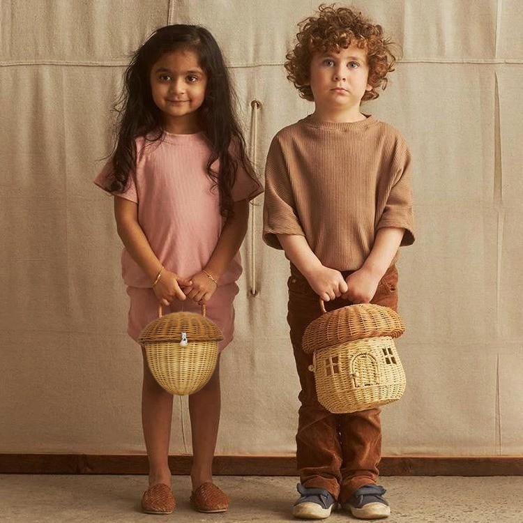 Bolsa de mano de bellota tejida personalizada hongo de caña tejido a mano juguetes para niños cestas de cubierta de cestas de almacenamiento props de fotografía
