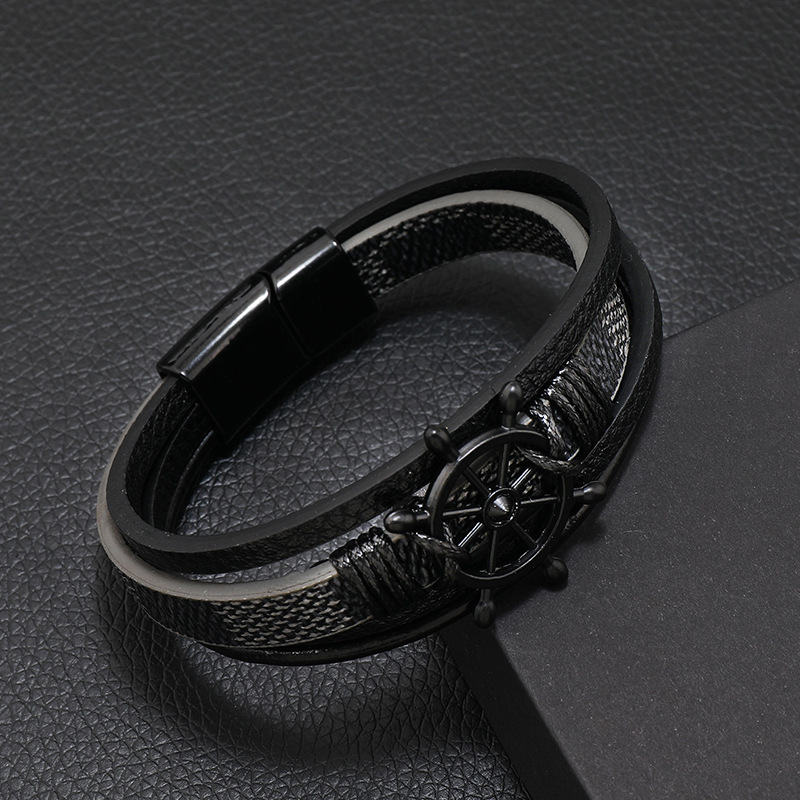 25g Weight Bangle Classification 1 Piece Quantity Daily, Street Occasion Pu Leather, Alloy Material Rudder Pattern Men's Gender Retro Style Retro Rudder Pu Leather Alloy Men's Bangle Men Cord & Leather Bracelets 2