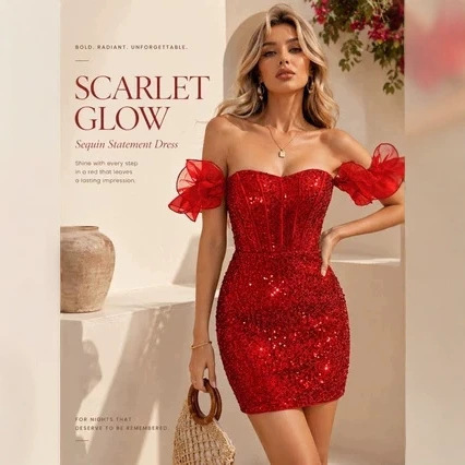 European and American style red sequin bodycon mini dress, one-shoulder design with ruffled sleeves, a sexy and elegant party dress for evening events