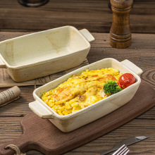 日式复古粗陶长方形双耳碗沙拉碗山野风火锅店餐具菜碗创意焗饭碗