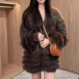 美拉德重工韩系慵懒V领极简风车条狐狸毛条纹开衫针织宽松秋冬女