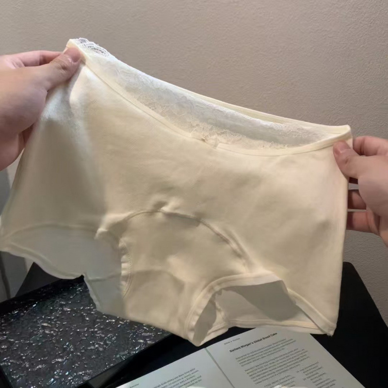 New Style Women's Pure Cotton Soft Mid-Waist Lace-Trimmed Panties, Women's Extended Cotton Crotch Boxer Briefs for Girls