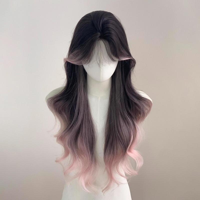 Wig Women's Daily Front Lace Long Curly Hair Natural Paris Spotted Pink Elegant Mid-Face Full Head Cover