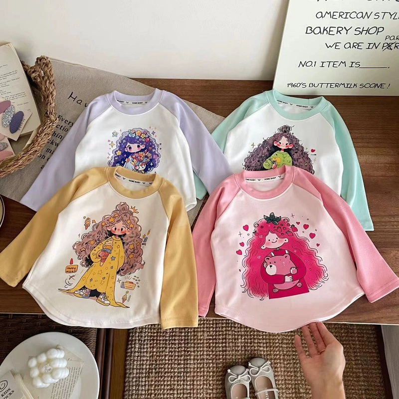 Новая детская бархатная рубашка, футболка с длинными рукавами и круглым вырезом для девочек, милая теплая футболка с рисунком для маленьких девочек, осенне-зимняя внутренняя одежда