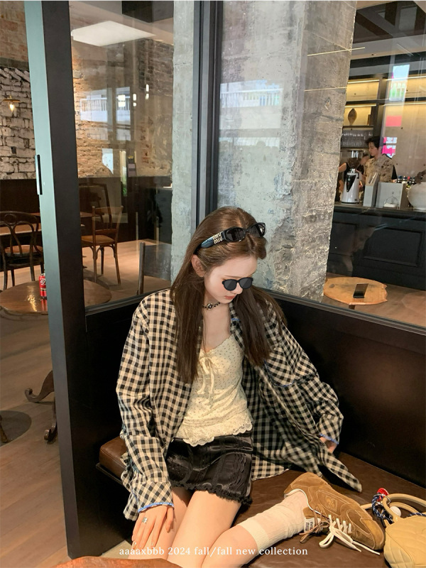 aaaaxbbb 诺尔赫斯港口 刺绣印花黑白衬衫格子条纹衬衣棉麻上衣女|undefined