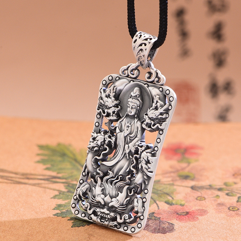 吊坠男999纯银五龙观音复古个性方牌挂坠饰品守护神护身符挂件