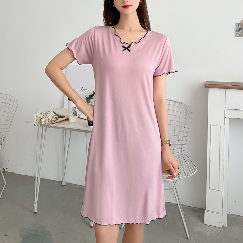 Modal Nightdress Women's Summer Large Size Loose Dress V-neck Mid-length A- line Skirt Thin Over-the-knee Household Skirt Modal Nightdress Women's Summer Large Size Loose Dress V-neck Mid-length A- line Skirt Thin Over-the-knee Household Skirt
