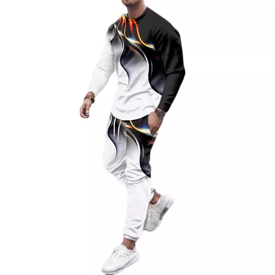 Cross-border European and American Spring and Autumn Fashion Urban Leisure New Gradient Printed Pullover Crewneck Long Sleeve Trousers suit