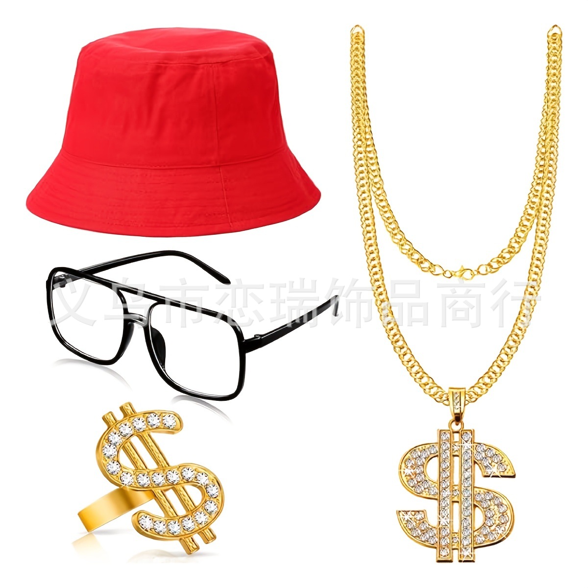 Hip-Hop collar de oro pulsera negro pescador sombrero explosivo gafas marco anillo de dólar vestido de baile conjunto