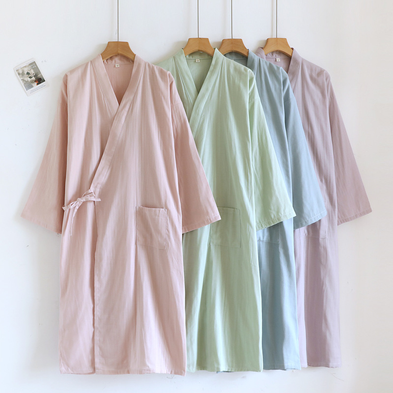 New Japanese-Style Kimono Casual Bathrobe Spring Autumn Summer Women's Nightgown Gauze Thin Solid Color Robe in Stock Wholesale New Japanese-Style Kimono Casual Bathrobe Spring Autumn Summer Women's Nightgown Gauze Thin Solid Color Robe in Stock Wholesale