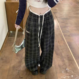 美式复古拼接格子阔腿裤女秋季2025新款高腰宽松休闲裤拖地长裤子