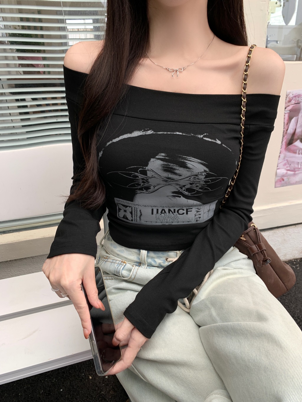 505 # 40 count T-shirt a maniche lunghe in puro cotone autunno 2024 per donna con stampa monocollo_voghion.com