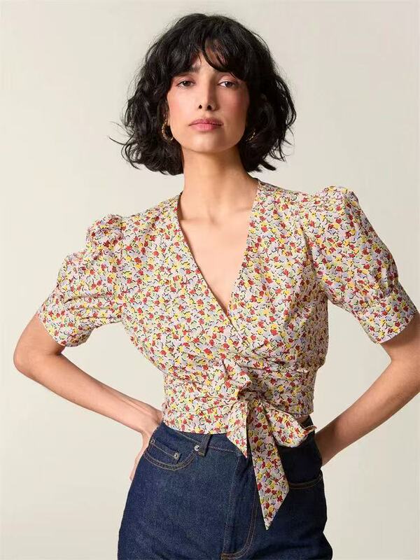French Ro25 New Summer Style Fashionable Pure Cotton Printed V Neck Puff Sleeve Wrap Strap Shirt Short Top