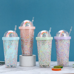 Korean Version Rainbow Character Bubble Straw Cup Large Capacity Cute For Boys And Girls Students Summer Ice Cup Double Layer Plastic Cup