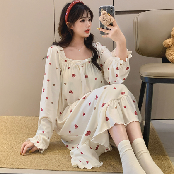 Fábrica directa con cojín de pecho desmontable de ternilla pijama de manga larga primavera y otoño estilo coreano chaqueta dulce ropa larga para el hogar