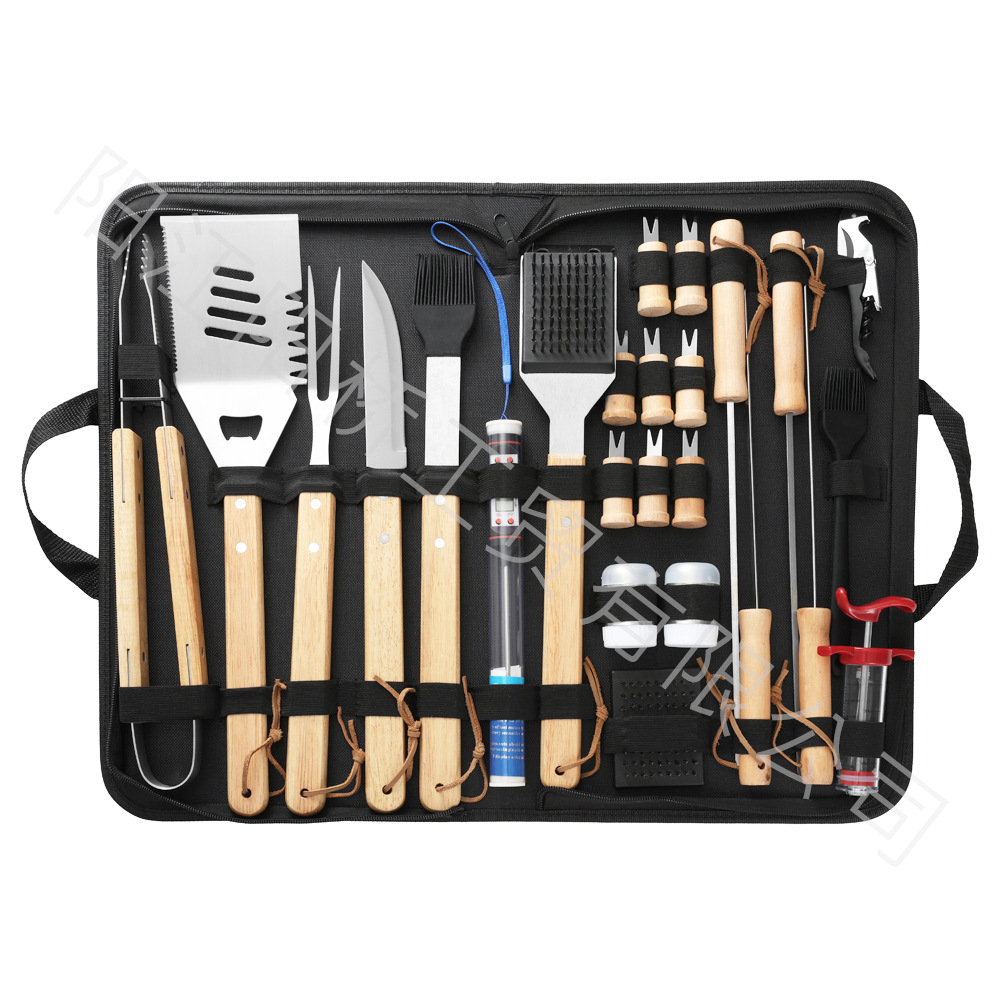 Fábrica en stock acero inoxidable parrilla set mango de madera BBQ camping al aire libre herramientas de parrilla bolsa de tela horquilla de parrilla combinación