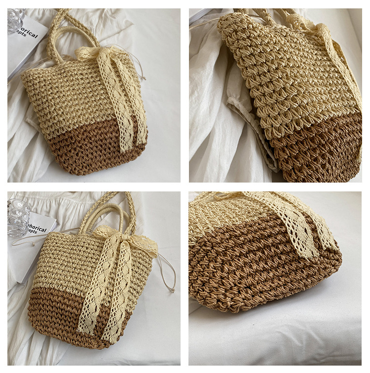 Women's Straw Shoulder Bag With Silk Scarf For Holiday Beach_voghion.com