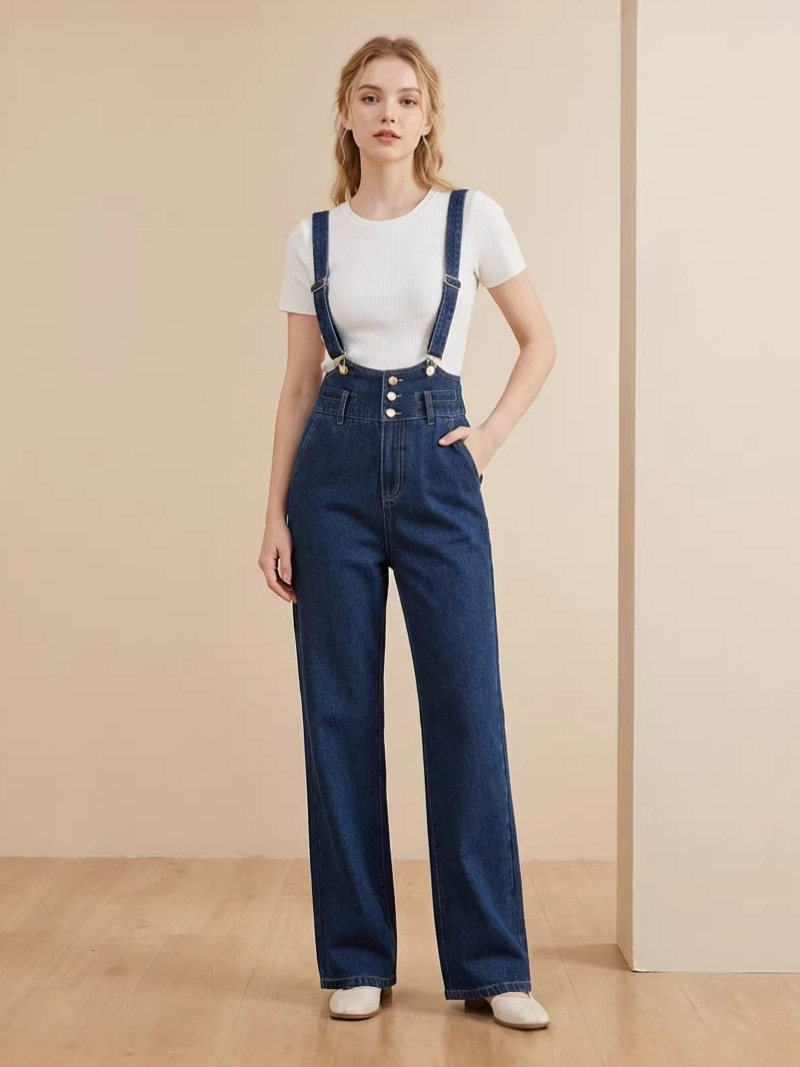 Yếm quần nữ denim ống rộng phong cách Hàn Quốc — xanh lam