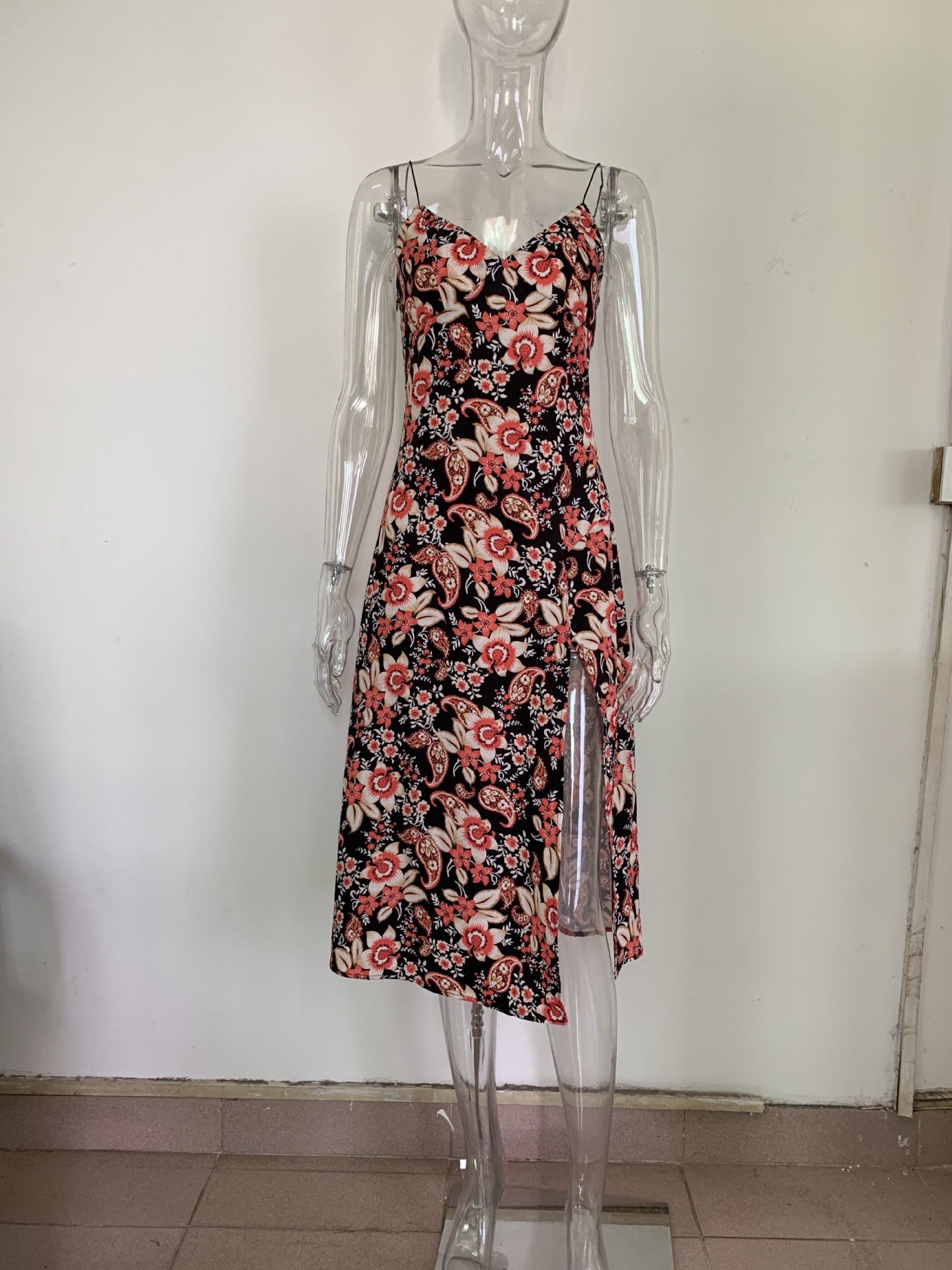Dress Summer Floral Print Slit V neck Low Cut Sexy Sling Dress