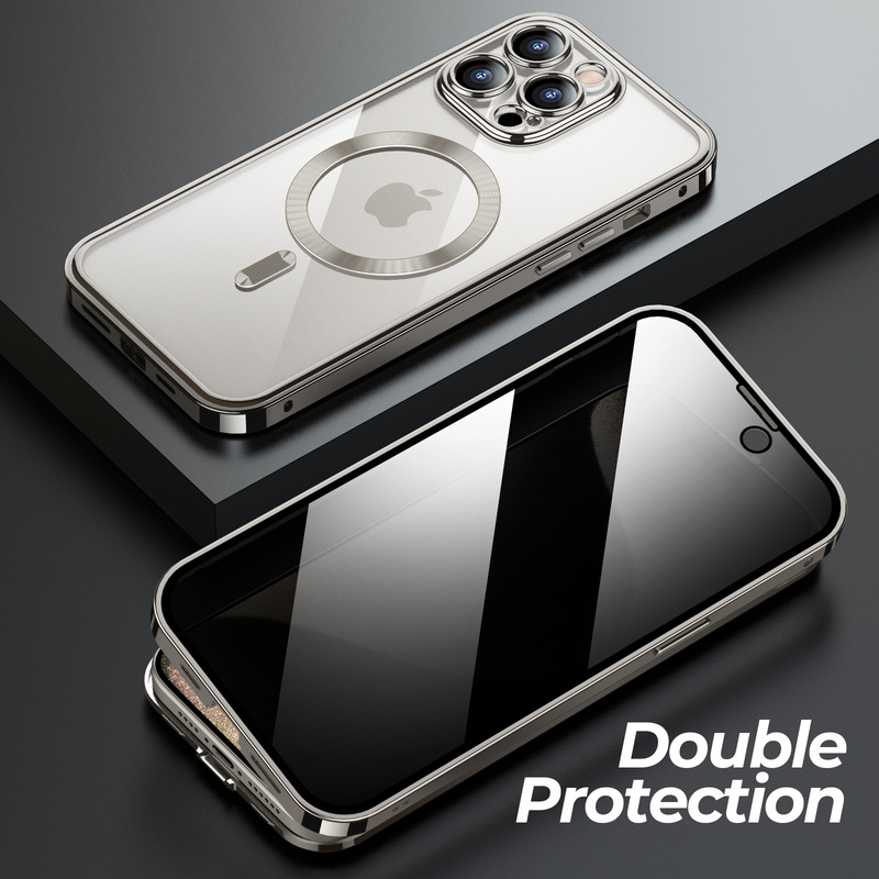 Cross-Border Applicable 15Promax Metal Frame Phone Case with Full Coverage for Apple 14, Double-Sided Magnetic Protection