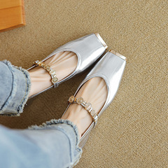 抖快bao款~平跟小香風日常低幫純色羊皮方頭真皮平底瑪麗珍鞋