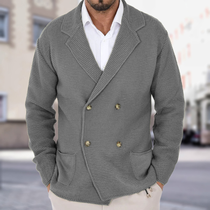 Cross-Border Knitted Cardigan Autumn and Winter Slim Lapel Double-Breasted Sweater Suit Jacket European and American Large Size Fashion Men's Clothing