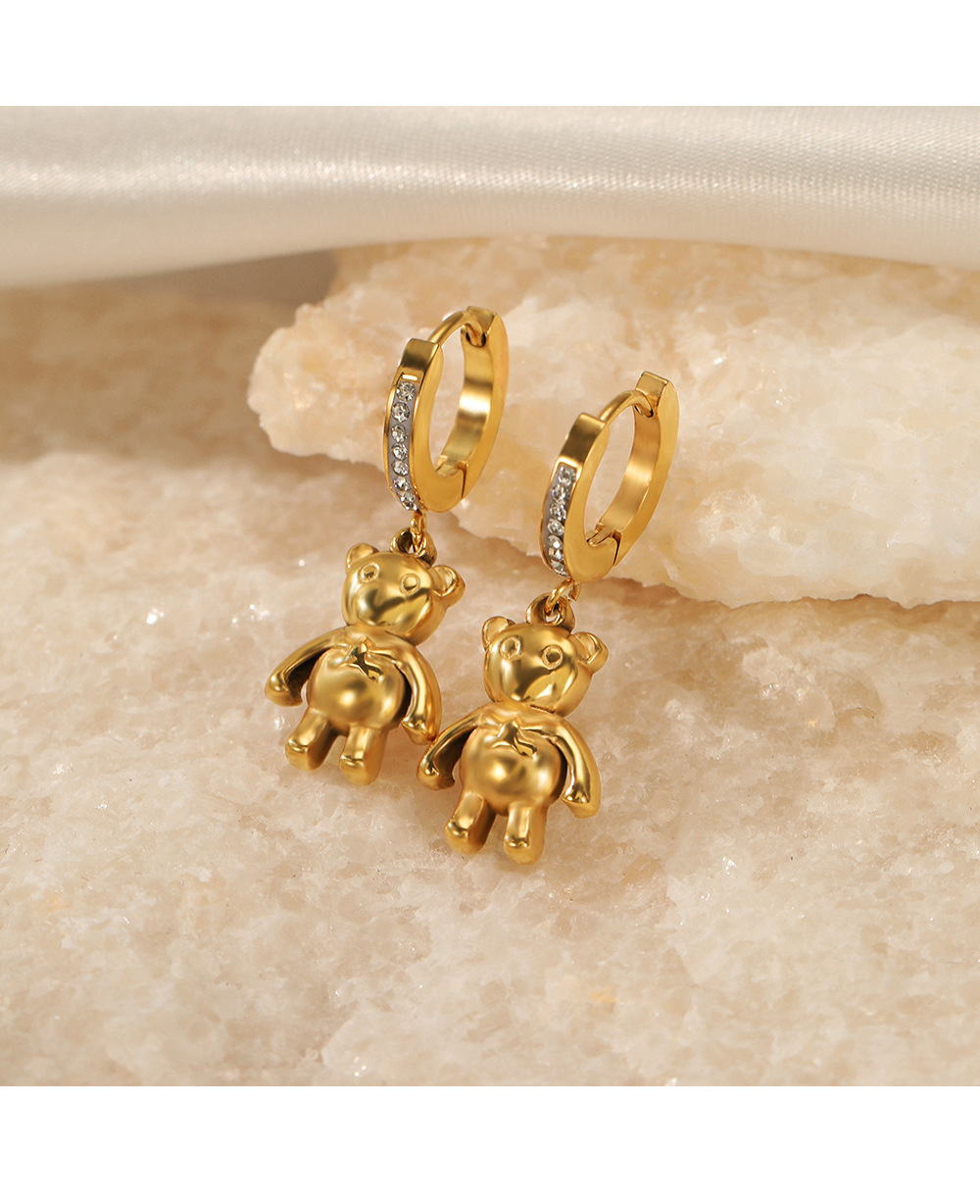 Cute Bear Stainless Steel Gold Plated Rhinestones Drop Earrings 1 Pair