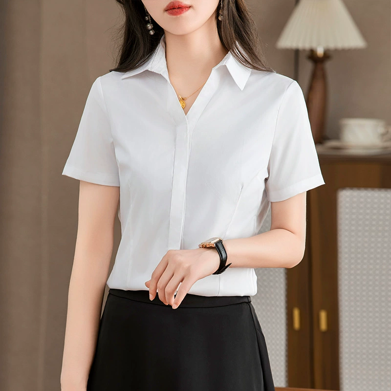 24-летние новые премиум-чувства шифоновые рубашки женские короткие рукава сплошные цвета дикие модные иностранные профессиональные рубашки