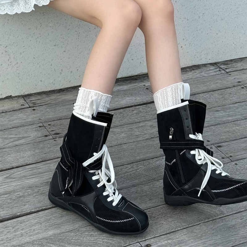 美拉德复古中筒猎装德训马丁靴子女2025秋季新款时髦拼色拳击靴女|undefined