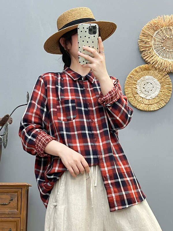 86319洋气格子双层棉纱单排扣长袖衬衫 女2025秋装新款显瘦上衣|undefined