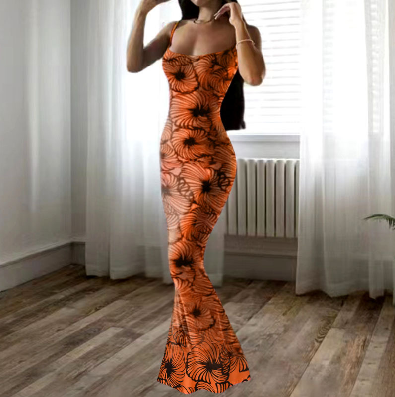 امرأة فستان البوق جنسي حزام طباعة بلا أكمام ورد فستان طويل ماكسي اليومي display picture 5