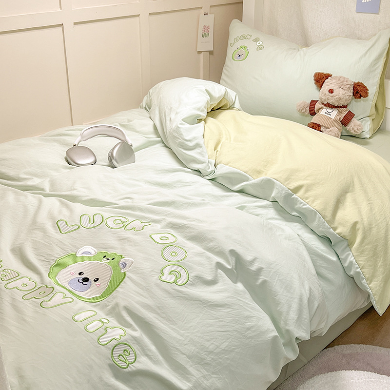 Bordado de cuatro piezas de algodón lavado 2024 nueva ropa de cama funda de edredón sábana dormitorio de estudiantes sábana de tres piezas 34