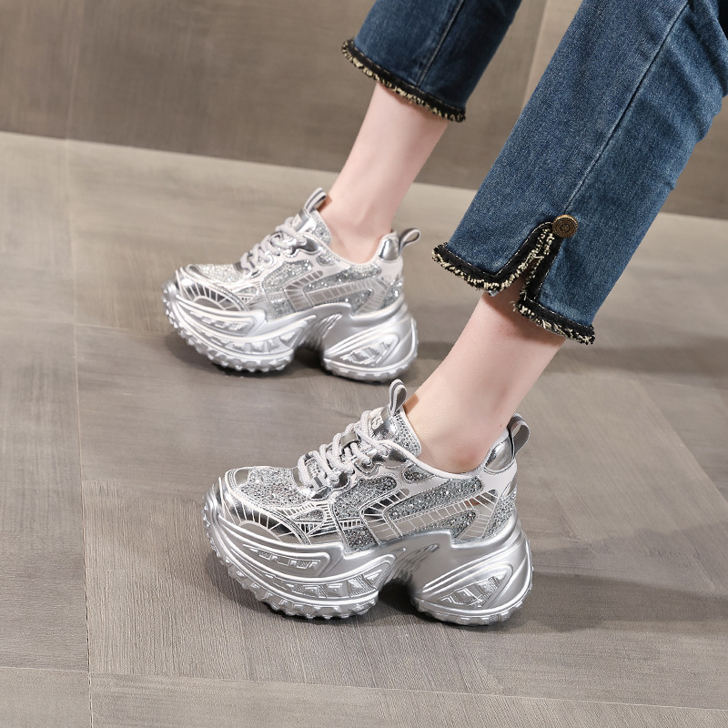 Giày sneaker nữ đế dày lưới thoáng khí đính đá rhinestone — Màu trắng