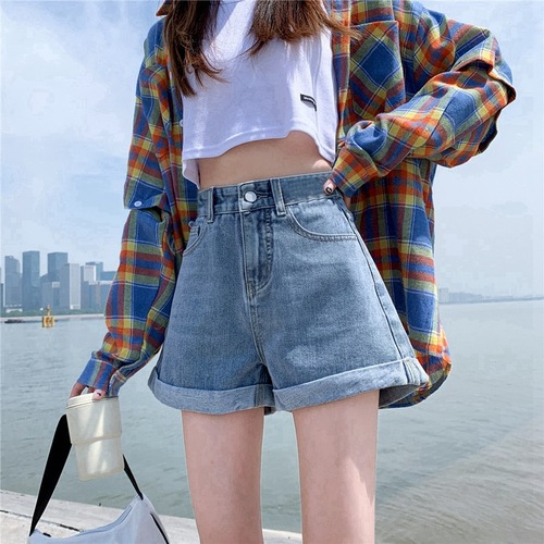 Women's Summer High-Waisted Denim Shorts, Korean Style Wide Leg A-Line Trendy Ins Versatile Casual Rolled Hem Student Hot Pants