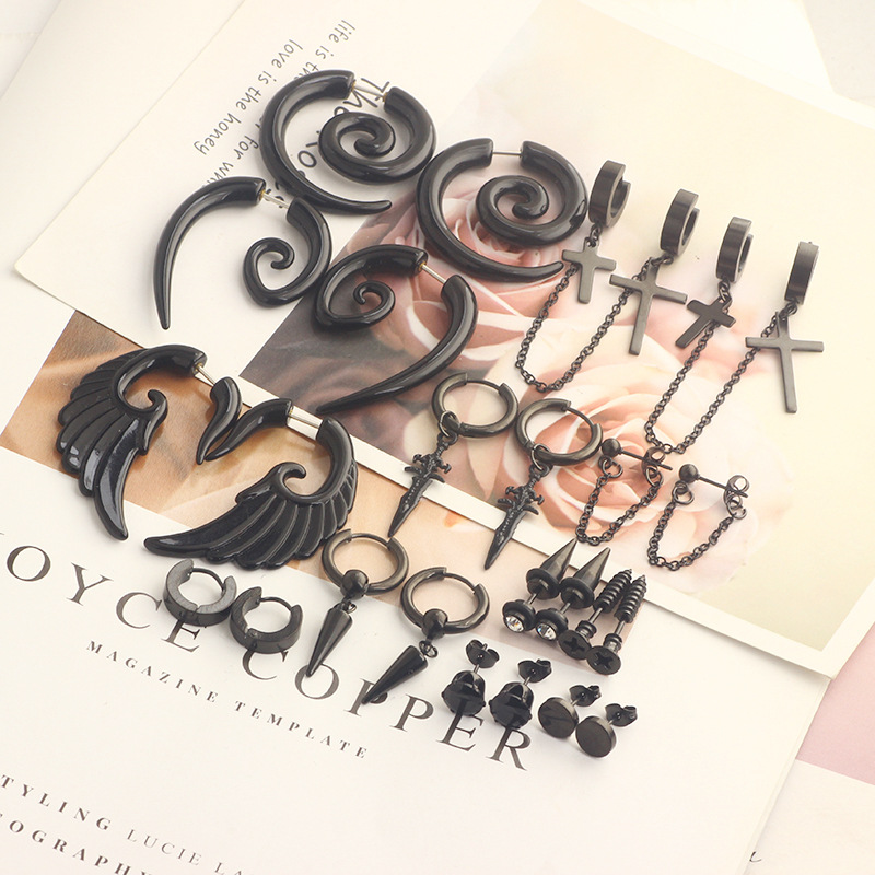 Black Cone Ear Studs Set for Men - Fashion Geometric Stainless Steel Earrings detail image 8