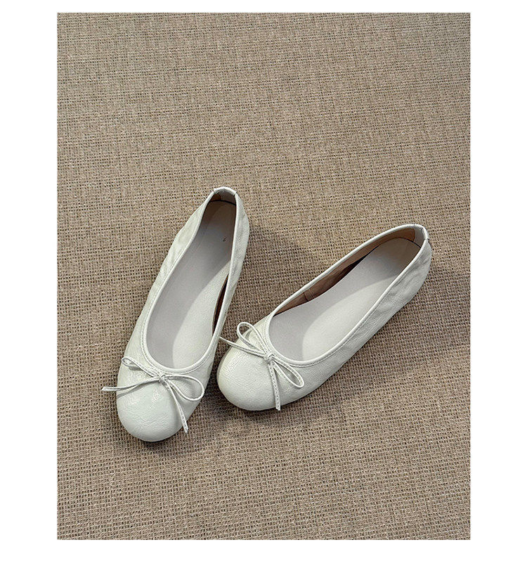 Giày búp bê nữ da cừu thật mũi tròn thắt nơ, đế bằng gót thấp, kiểu retro thanh lịch — màu đen, màu đỏ chi tiết 3