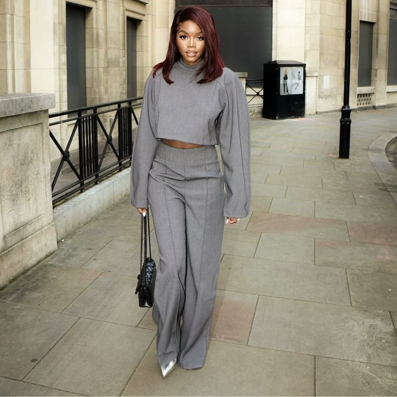 European and American Style Women's Autumn and Winter New Half Turtleneck Fluffy Short Top + High Waist Straight Loose Casual Pants Suit