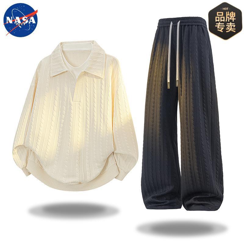 NASA品牌男士大码提花卫衣肌理感套装春秋季宽松高级感卫衣两件套|undefined