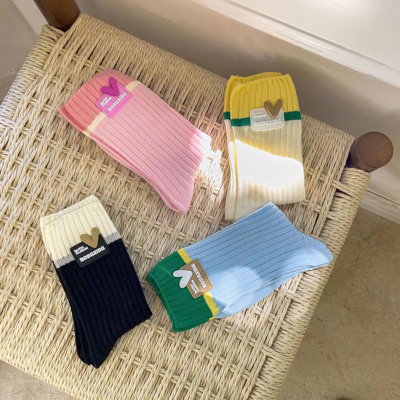 多巴胺女袜子四季款中长筒堆堆袜薄款粉短袜拼色刺绣Socks跨境夏|undefined