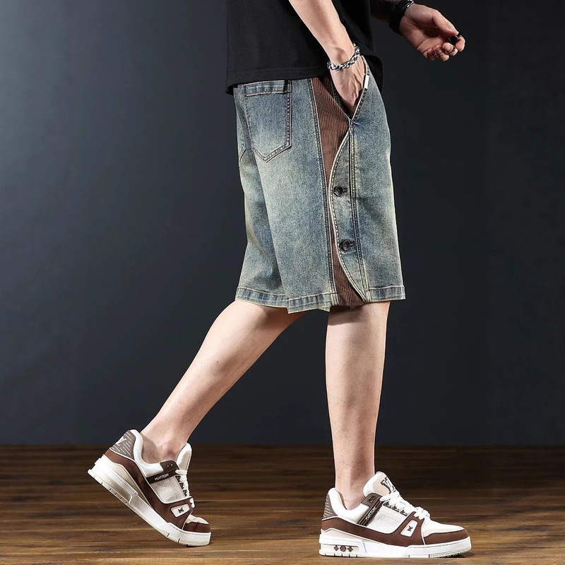 Leitz American Retro Denim Shorts Men's Summer New Loose Heavy Washed Five-Point Casual Patchwork Pants