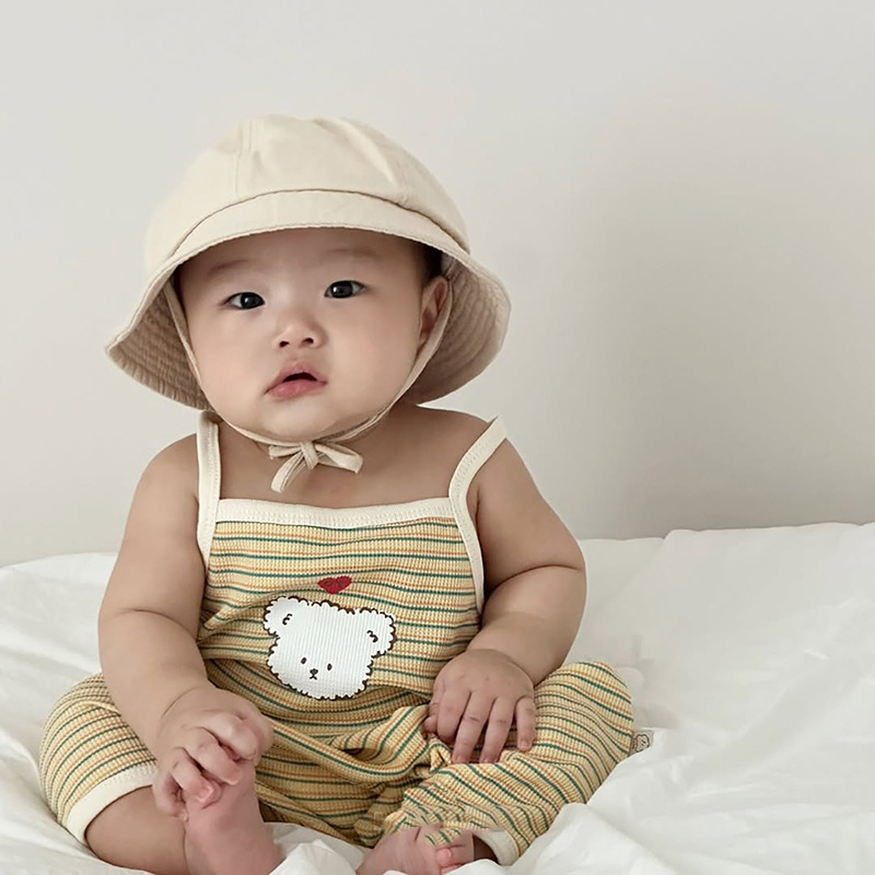 Japanese and Korean Baby Pure Cotton Sling Bag Summer New Cartoon Printed Bear Head Romper Baby Stripes